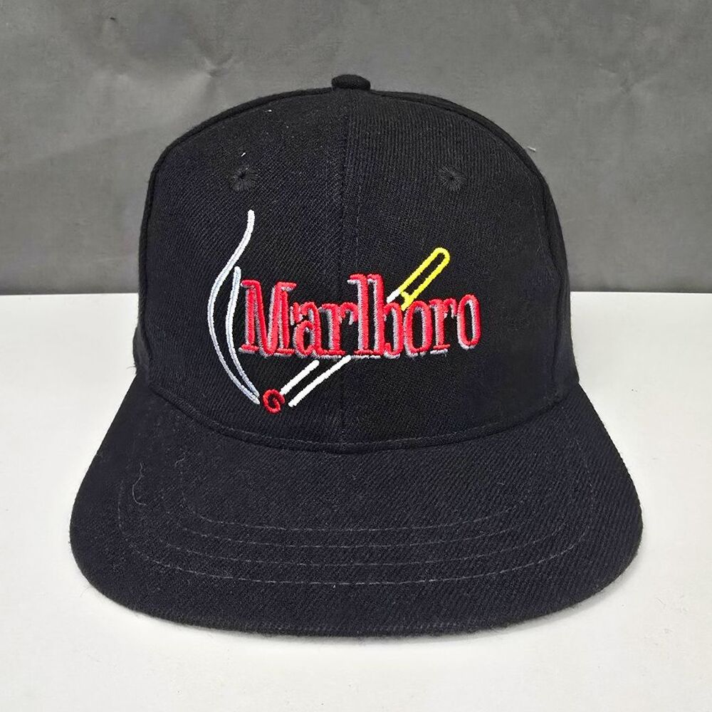 Marlboro Vintage Embroidered Cigarette Match Hat Black Wool Blend Leather Strap